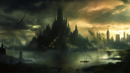 Gothic riverside citadel under stormlit emerald skies.