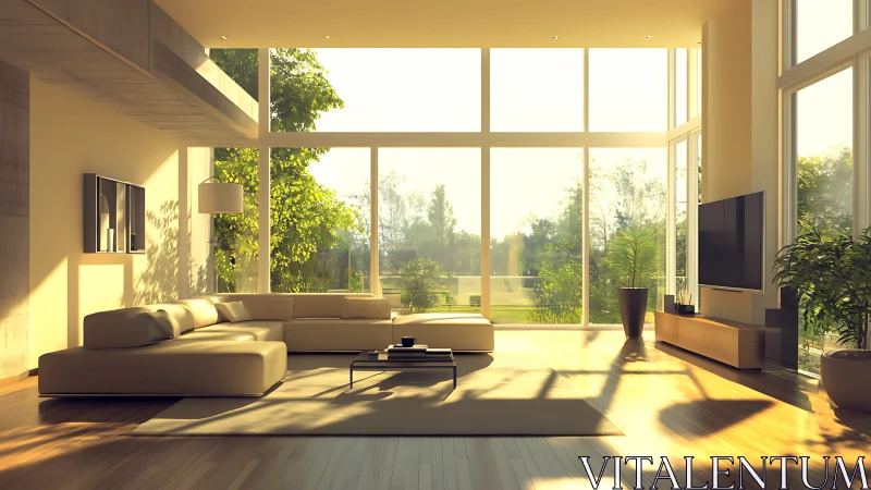 Sunlit minimal living room with panoramic garden windows.