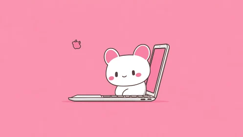 Cute cartoon mouse in laptop on pastel pink background.