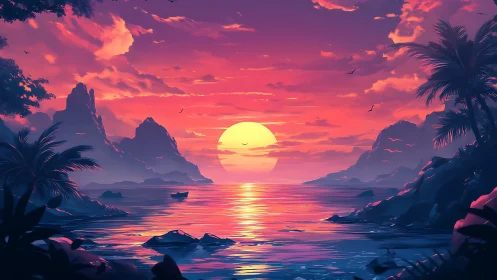Coastal landscape with stylized sunset over calm water.