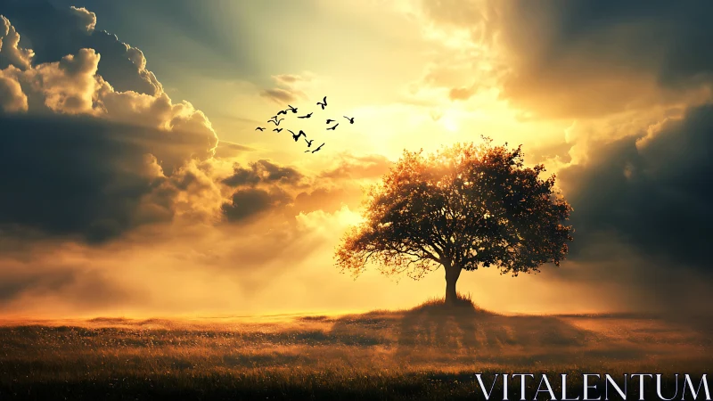 Solitary tree crowns glowing horizon under stormy sunset sky