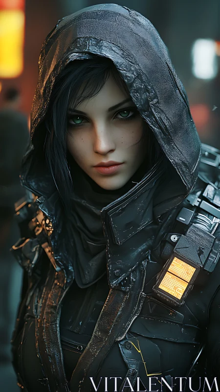 Stoic cyberpunk wanderer in a rain-slick neon city night.