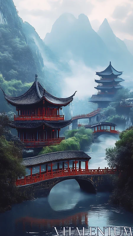Mist-shrouded river pagodas with arched bridges in karst valley