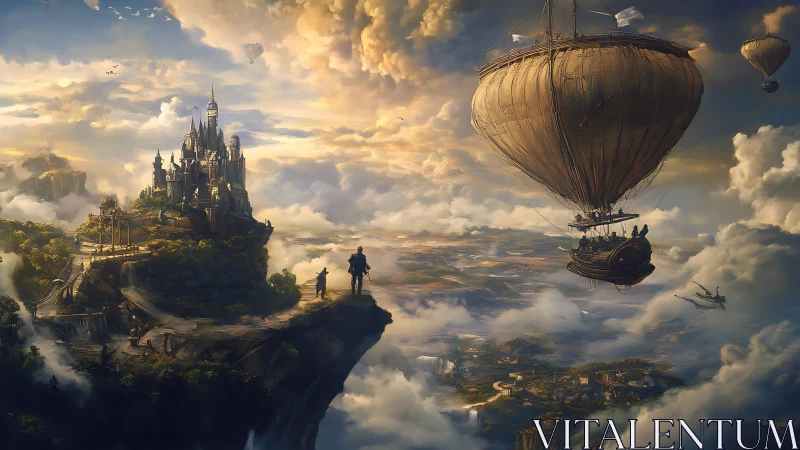 Steampunk airship armada approaches a fortified sky citadel at dusk