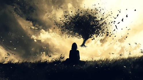Silhouetted figure watches lone tree scatter into flying birds