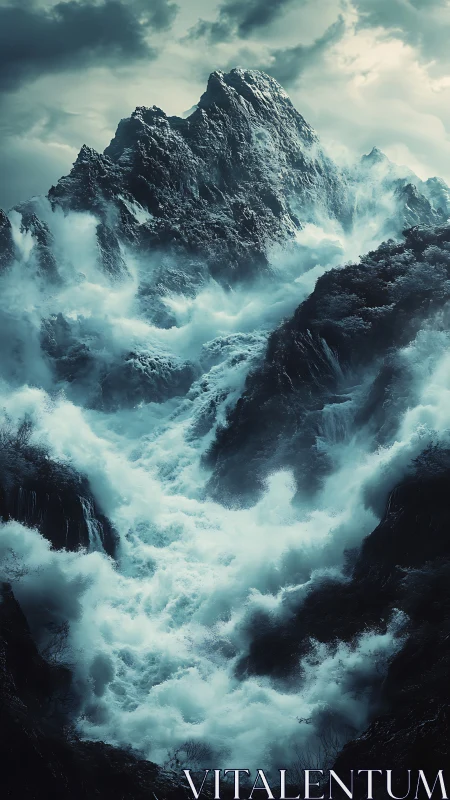 Storm-lashed icy mountain consumed by roaring cascade waters.