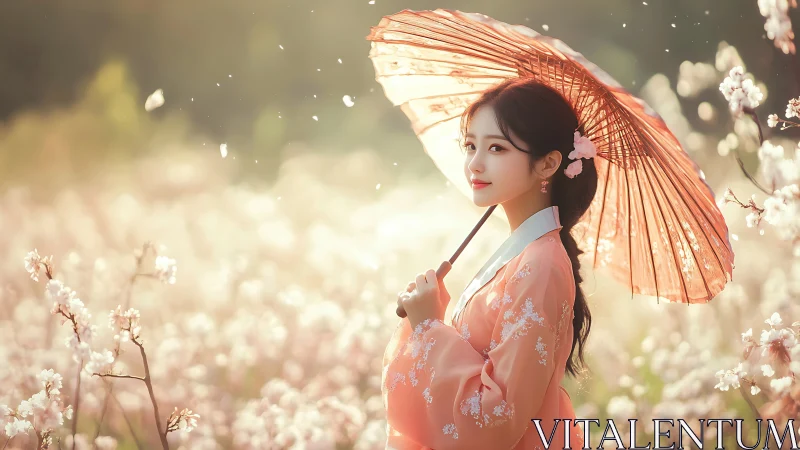 Radiant hanfu figure beneath parasol in bokeh spring bloom.
