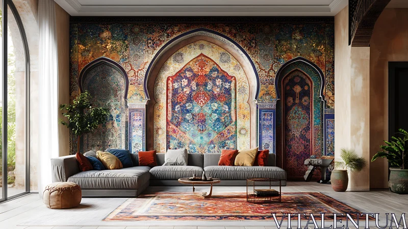 Cozy living room wrapped in rich Moroccan inspired patterns.
