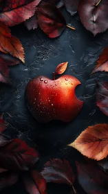 Crimson apple crest glistening amid stormy autumn leaves.