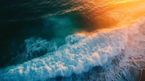 Sunlit turquoise breakers collide with glowing shoreline.