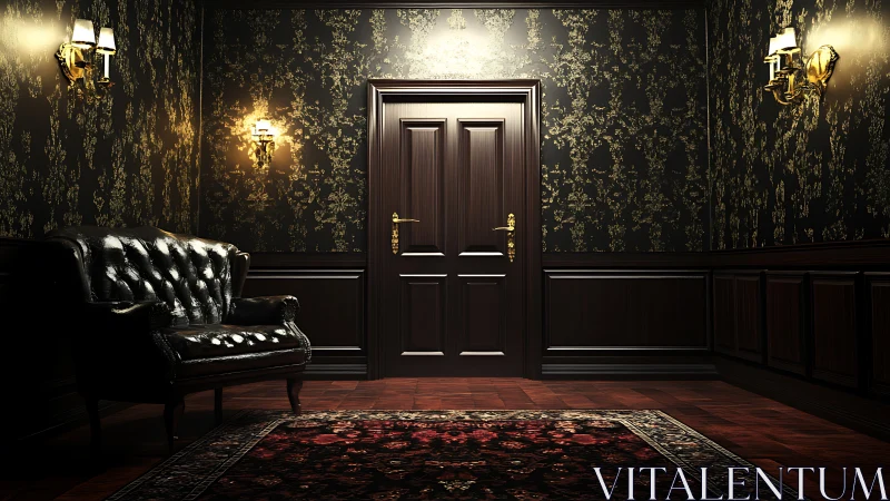Luxurious dark wood corridor with central paneled door lit warmly