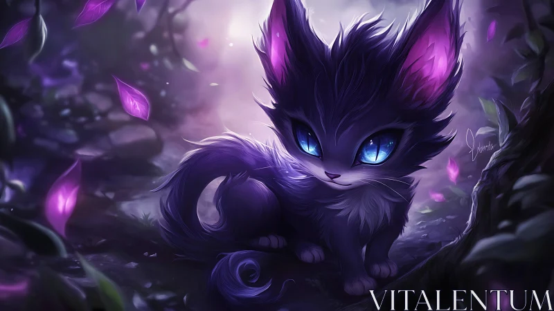 Purple feline creature with blue eyes in luminous forest scene.