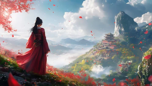 Warrior in red surveys misty mountain temple landscape
