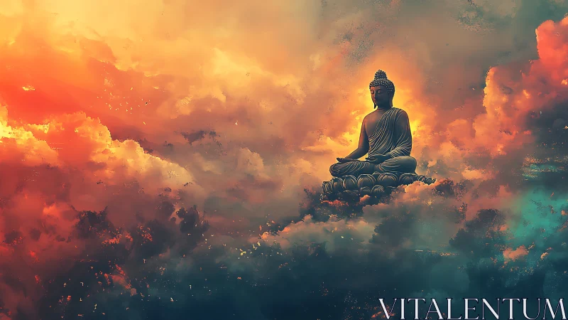 Meditative Buddha statue levitating amid luminous sunset clouds