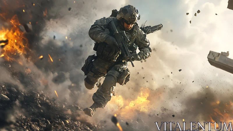 Armored soldier charges through battlefield explosions in dust.