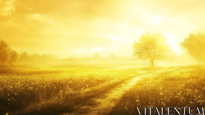 Backlit rural dirt path in golden hour haze, solitary tree