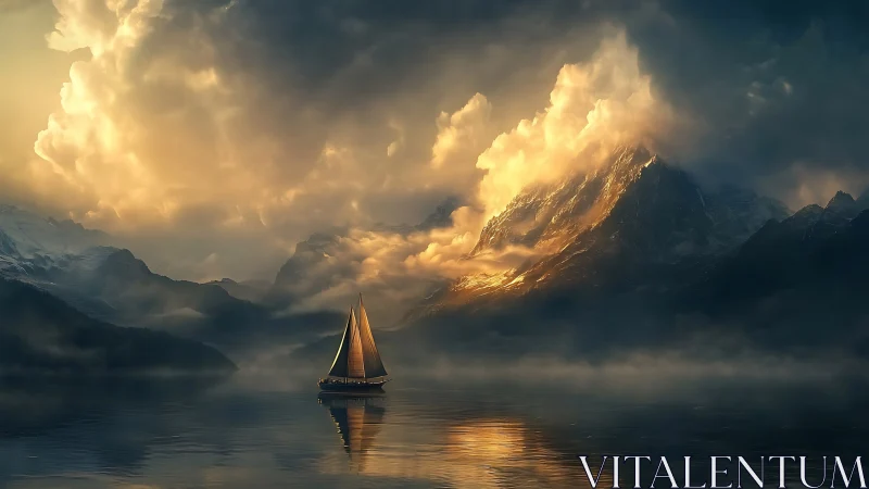 Digital painting of sailboat on misted lake before glowing peaks.