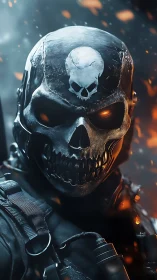 Fierce skull-helmed warrior strides through drifting embers.