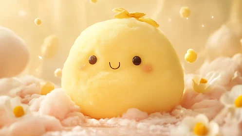 Cheerful Yellow Character Resting on Pastel Cloud