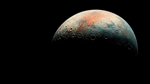 Luminous cratered planet rises in stark, silent deep space