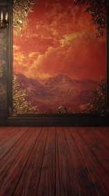 Gilded crimson landscape framed above rustic red boards.