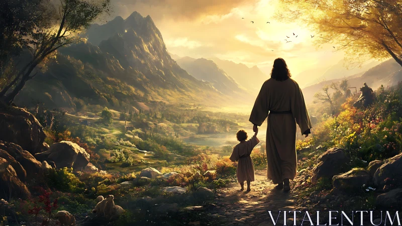 Sunlit valley path where gentle guide leads a small child.