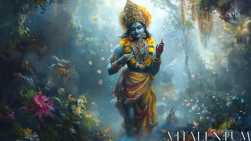 Floral-crowned deity strolls through misty forest of light