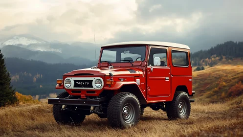 Restored red classic off-road 4x4 SUV in autumn mountains
