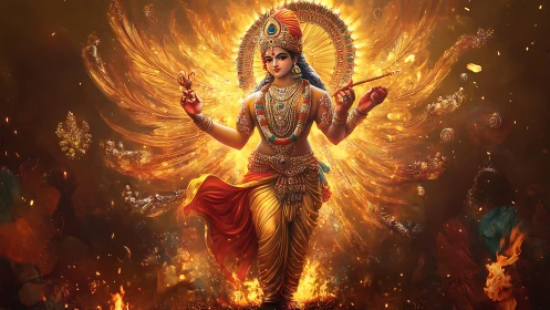 Digital painting of radiant goddess with fiery celestial mandala.