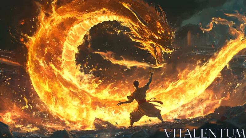 Fire mage confronts massive flaming dragon arc in battle