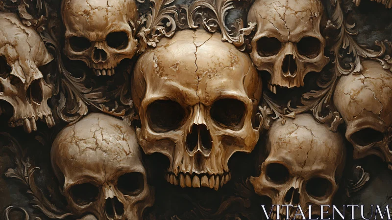 Baroque skull cluster forms ornate symmetrical death motif