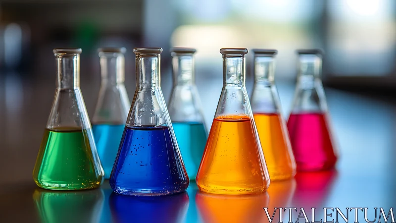 Chromatic science flasks lined like a rainbow experiment parade.