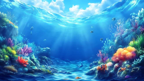 Colorful coral reef under clear sunlit tropical water.