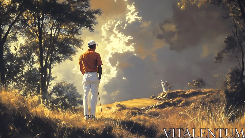 Golden hour golfers sharing a quiet moment on the hilltop course.