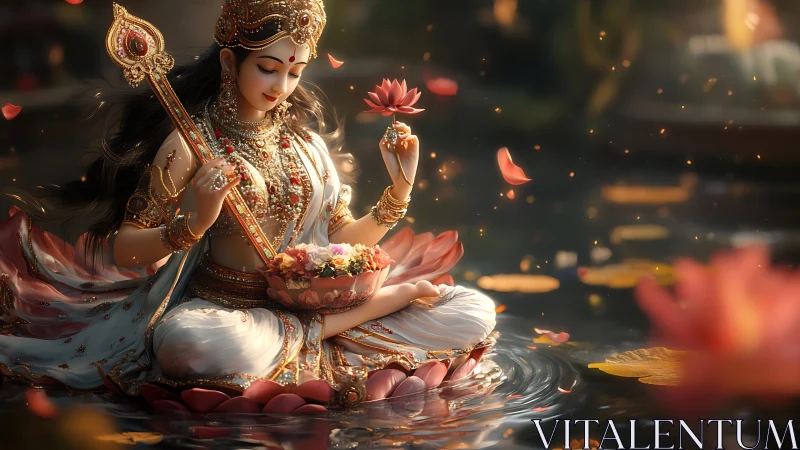 Gentle goddess rests on a lotus, cradling music and flowers