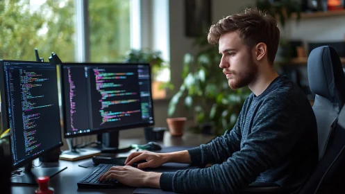 Focused young developer codes calmly in a bright home office