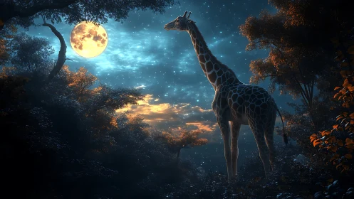 Moonlit giraffe beneath glowing stars in misty forest twilight.