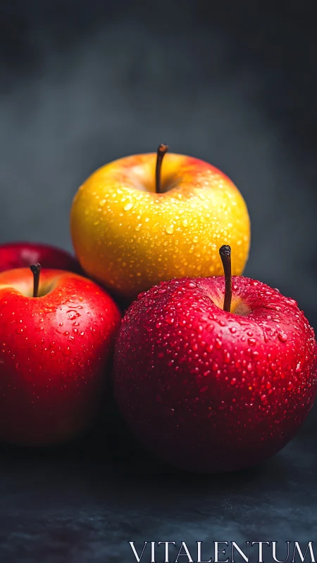 Triadic macro study of dew‑laden apples on dark ground plane.