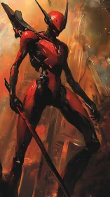 Blazing crimson mech sentinel stalks a burning future cityscape.