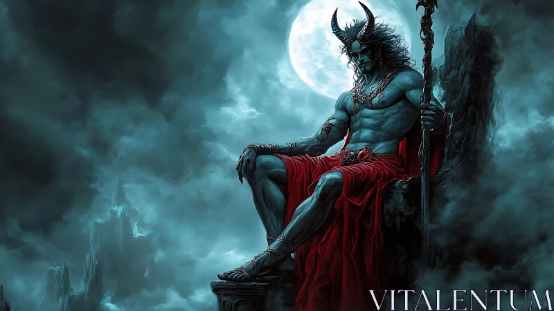 Horned demon lord on rocky throne under full moon.