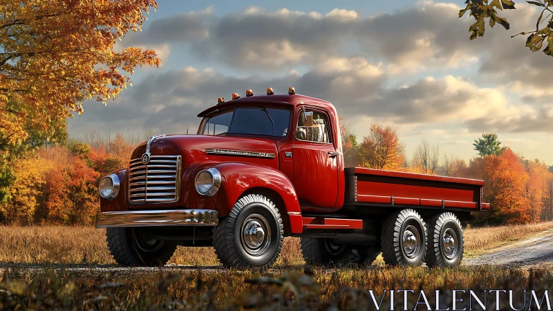 Vintage red dump truck glows against a golden autumn backdrop.