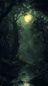 Moonlit Forest Stream Path Illuminated.