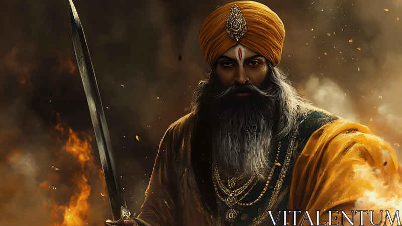 Noble warrior in golden robes stands calm within the fire