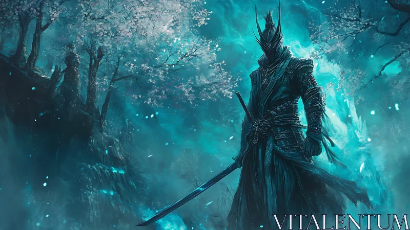 Moonlit Wraith Samurai beneath blossom-haunted fog skies.