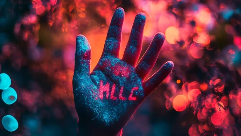Neon-lit hand with powder texture frames bold HELLO message