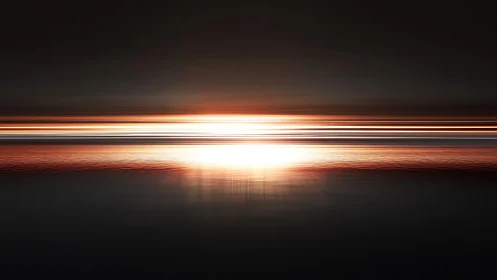 Abstract sunset over calm water with glowing horizontal light streaks.