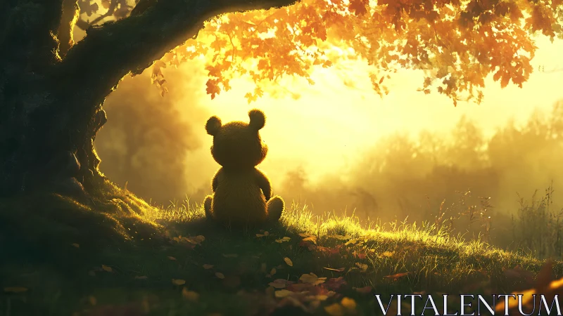 Soft bear silhouette lingers beneath autumn’s glowing canopy