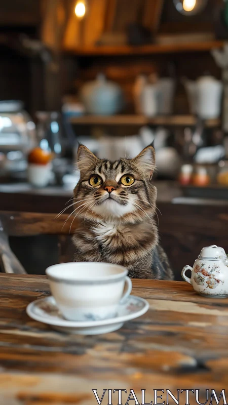 Tabby Cat Contemplates Tea Time in Cozy Kitchen Ambiance