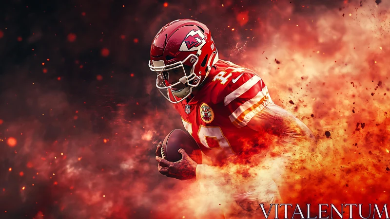 Explosive football runner charges forward through fiery smoke