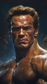 Powerful muscular man lit by dramatic cinematic glow.